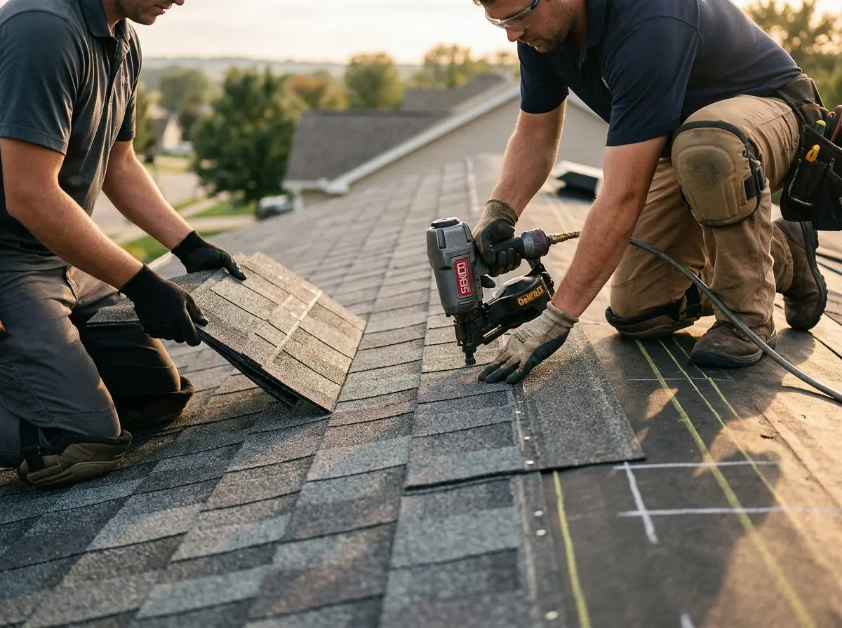 Professional roofer working on a residential roof in West Fargo